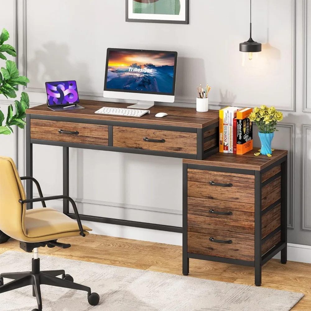 Computer Desk with 5 Drawers, Home Office Desks with Reversible Drawer Cabinet Printer Stand