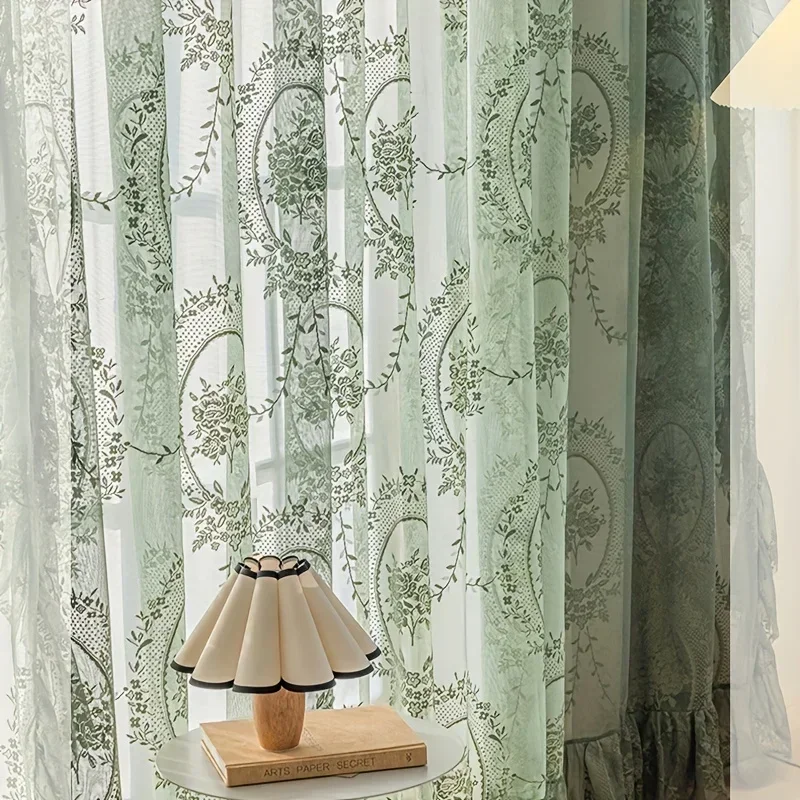 Transparenter Vorhang mit grüner Blumenstickerei im Vintage-Stil, romantische gekräuselte Spitze, Voile-Fenstervorhänge für Schlafzimmer, Küche, Fensterbehandlung