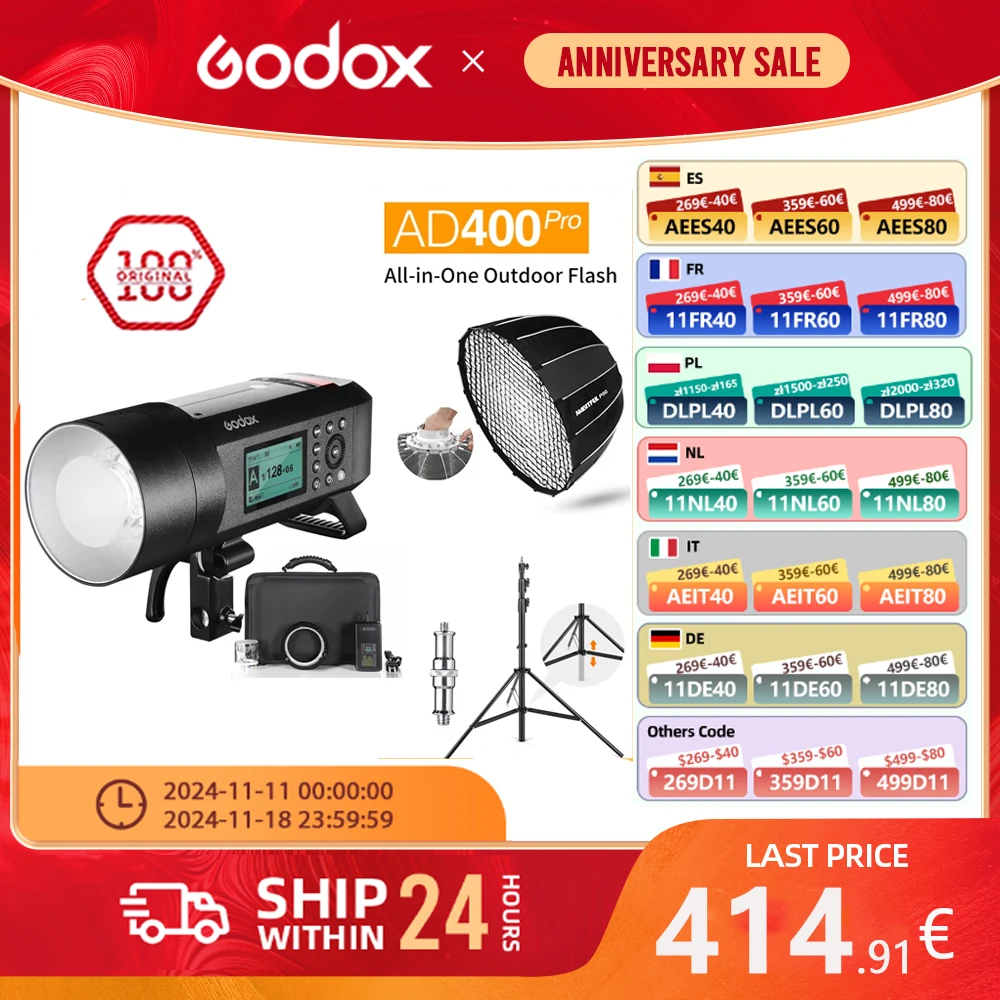 Godox AD400Pro AD400 Pro TTL HSS WITSTRO All-in-One Outdoor Flash + 2.8m Air Cushioned Light Stand + 90CM Deep Parabolic Softbox