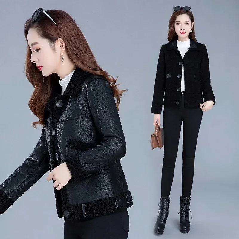 Pop veste en cuir pour femme d'âge moyen velours pour femme épaissir automne et hiver nouveau manteau en fausse fourrure veste en cuir court manteau en polyuréthane B