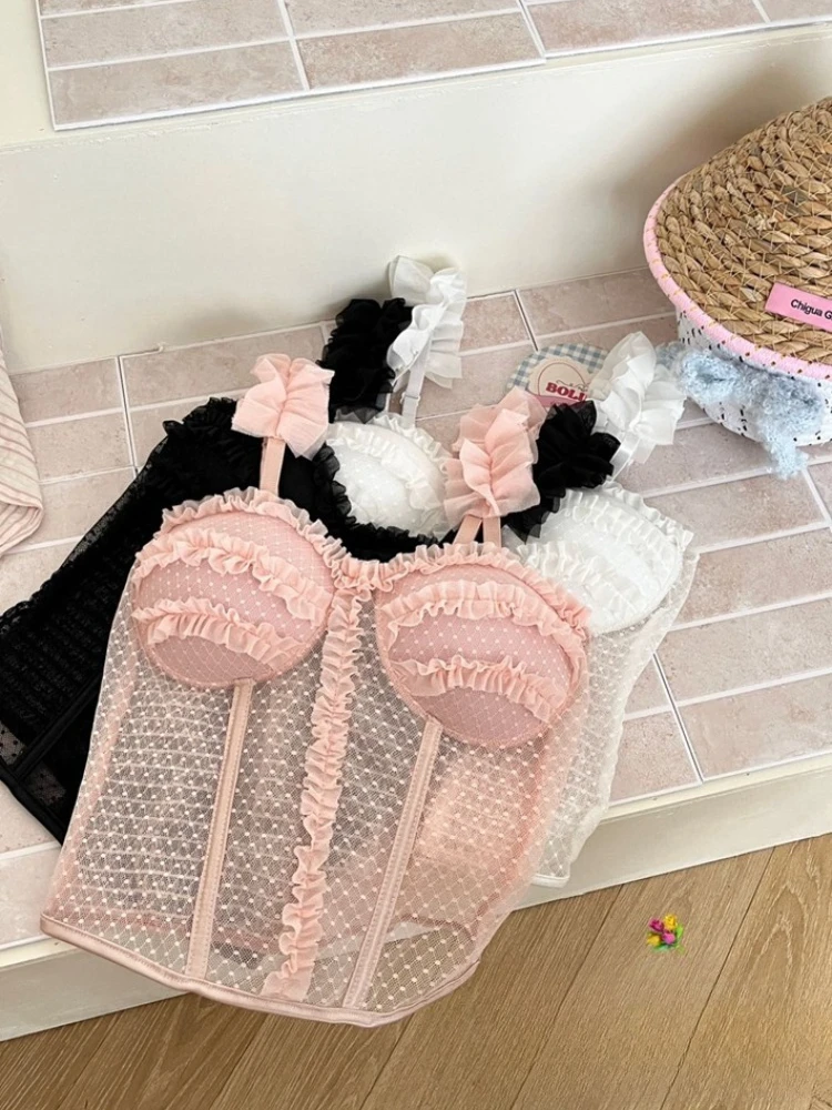 Sexy See-through Crop Top Summer French Lace Fishbone Cami With Built-in Bra Pad Lace Trim Polka Dot Back Design Women Tank Top