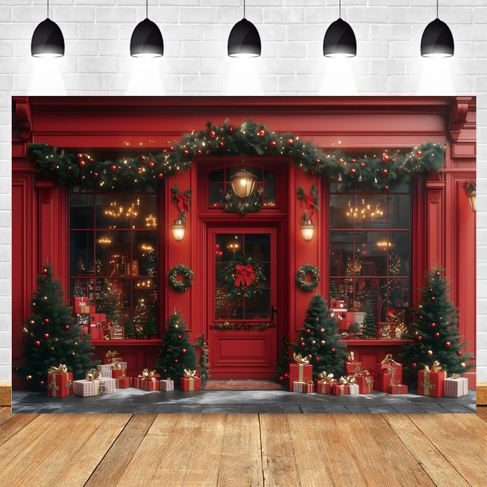 Red Christmas Decorations Store Backdrop Photography Vintage Christmas Tree Wreath Gift Kids Artistic Portrait Photo Background