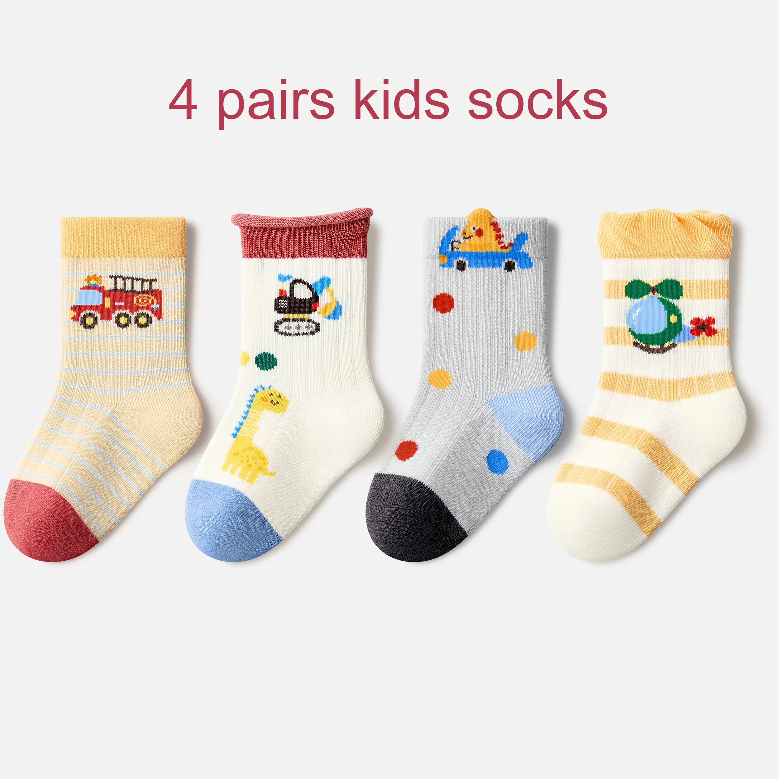 Beibi 4-Pack Boys Mid-Calf Socks Cartoon Dinosaur & Car Patterns Creative Autumn Winter Warm Fun Colored Socks for 0-6 Years Old