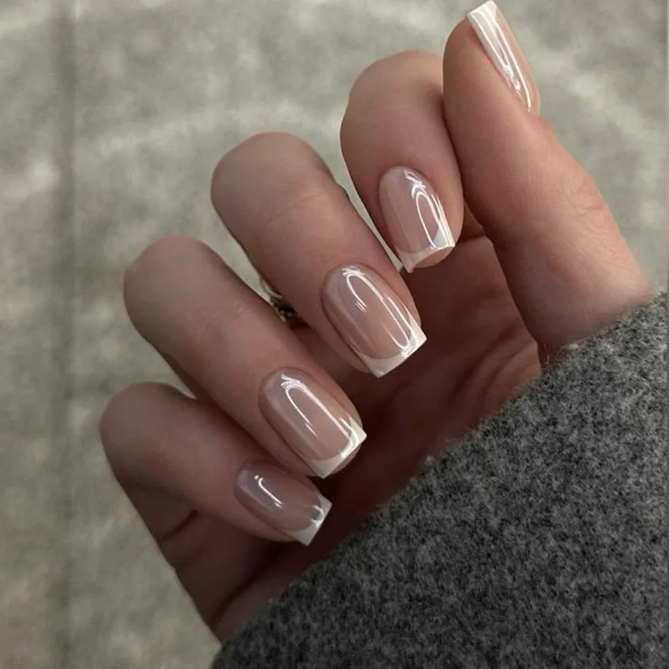 24 piezas uñas postizas press on francesas de punta, minimalistas, color sólido, medianas, cuadradas, con pegamento 4
