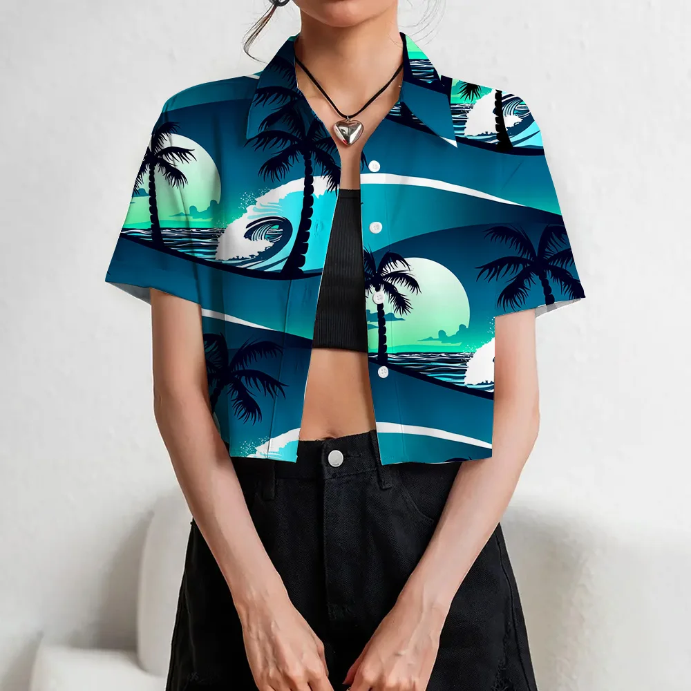 Hawaii Beach Short Sleeves Summer Vacation Fashion Botton Super-short Shirts Lapel Shirts Women Clothing Crop Top Shirts S-XL