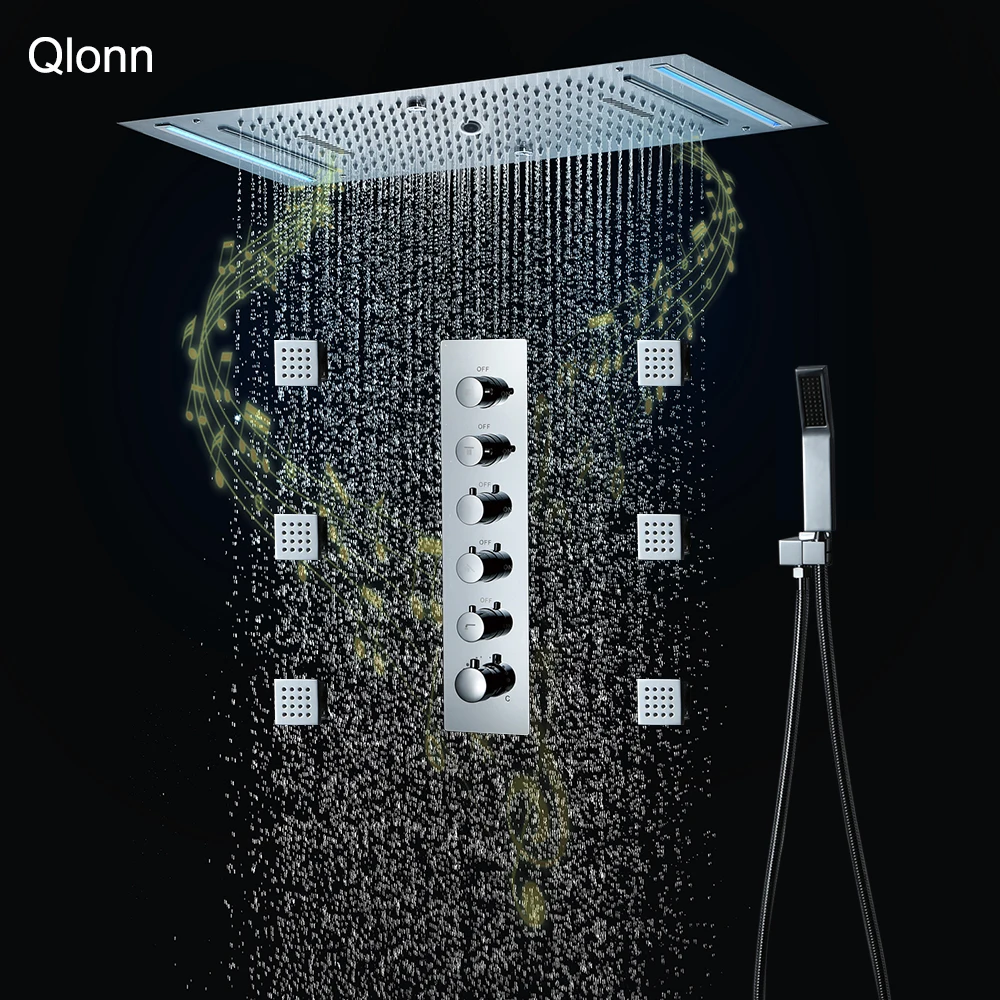 Qlonn Chrome Rain Shower System Embedded Ceiling Music LED Shower Head Bathroom Faucets Thermostatic Switch Concealed Mixer Tap