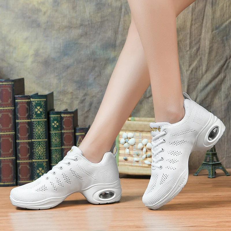 Women's Hollow Out Mesh Dance Shoes, Breathable Air Cushion Jazz Sneakers for Modern Square Dance, Fitness & Performance 727L