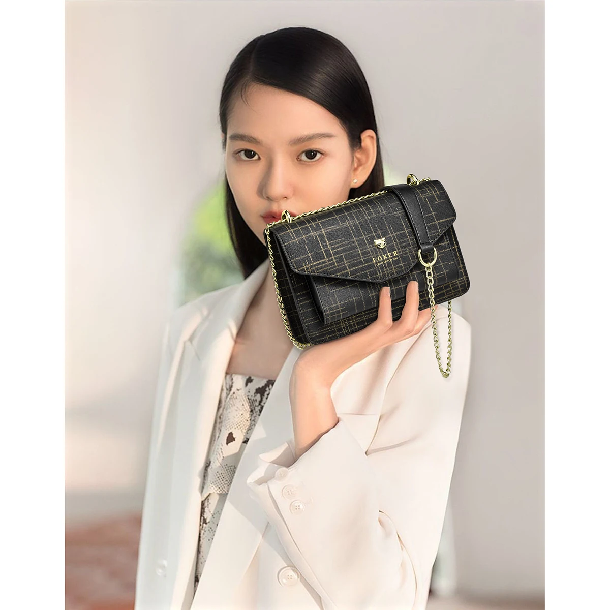 FOXER Women's Split Cowhide Leather Square Bag Lady Simple Flap Crossbody Shoulder Bag Female Zipper Underarm Satchel Chain Bag