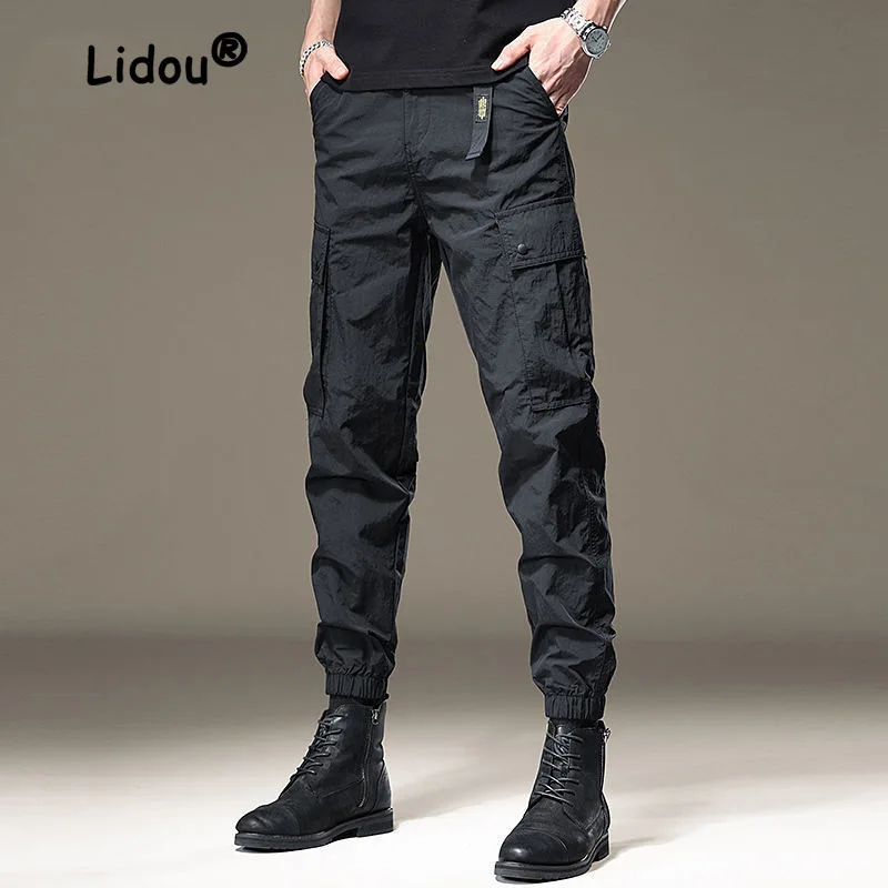 Classic Black Large Pocket Men\'s Cargo Pants Tie One\'s Feet Loose Harlan Solid Color Ice Silk Street Casual Trousers