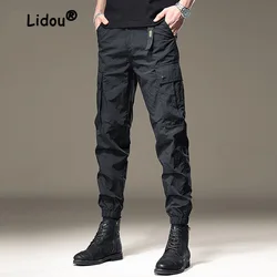 Classic Black Large Pocket Men's Cargo Pants Tie One's Feet Loose Harlan Solid Color Ice Silk Street Casual Trousers