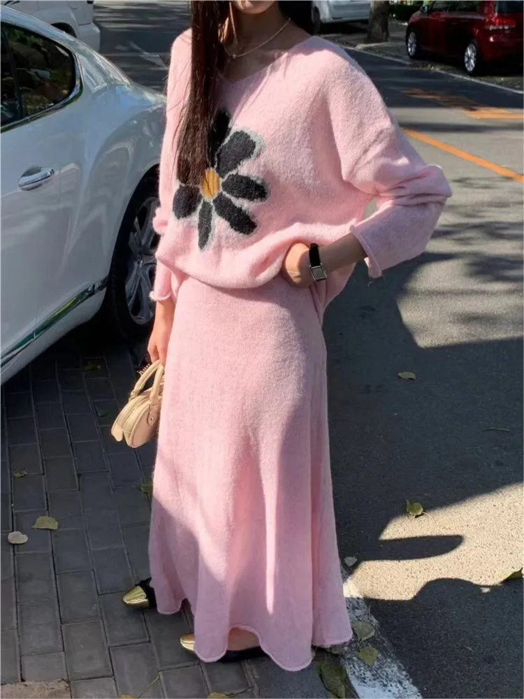 Chrysanthemum Jacquard V-neck Loose Sweater A-line Long Skirt Set 2024 Autumn Winter Pink Knit Pullovers Top Fashion 2 Piece Set