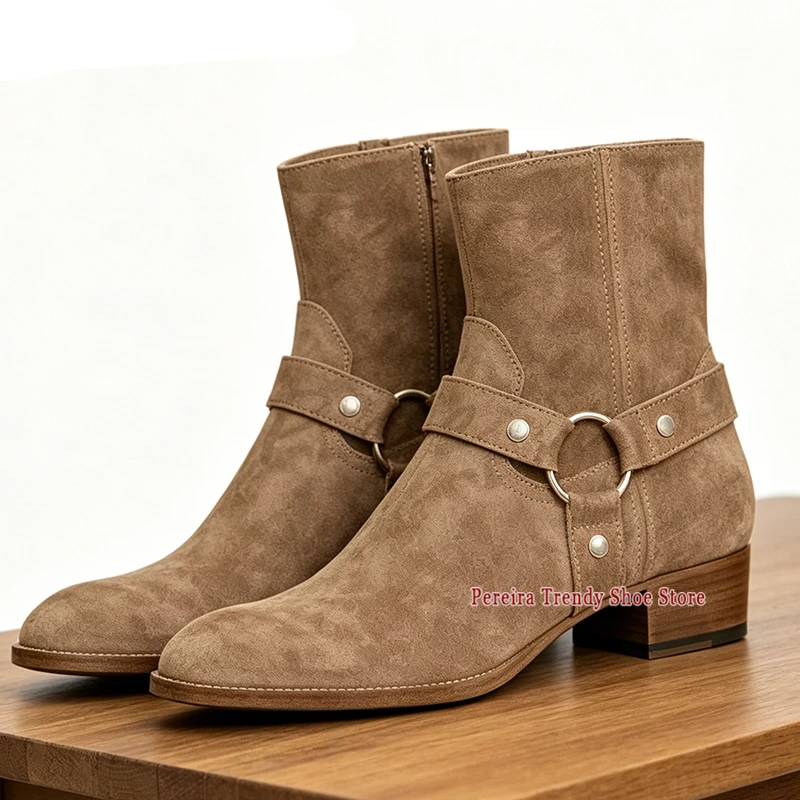 

Модные коричневые замшевые ботинки челси цвета хаки для мужчин, на среднем каблуке, с металлической пряжкой и молнией, короткие ботинки из воловьей кожи для весны и осени