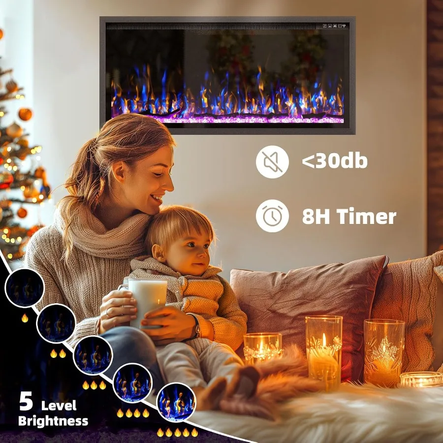 Camino elettrico in cristallo da 42 pollici con design realistico di tronchi e fiamma di cristallo per soggiorno o camera da letto Touch Control e Rem