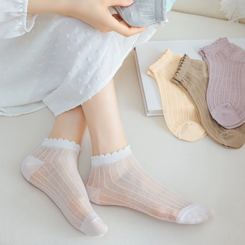 5Pairs Women's Frill Trim Sock Ultra-Soft Breathable Comfy Sweet Short Socks for Girls Cute Solid Japanese Style Low Cut Sox