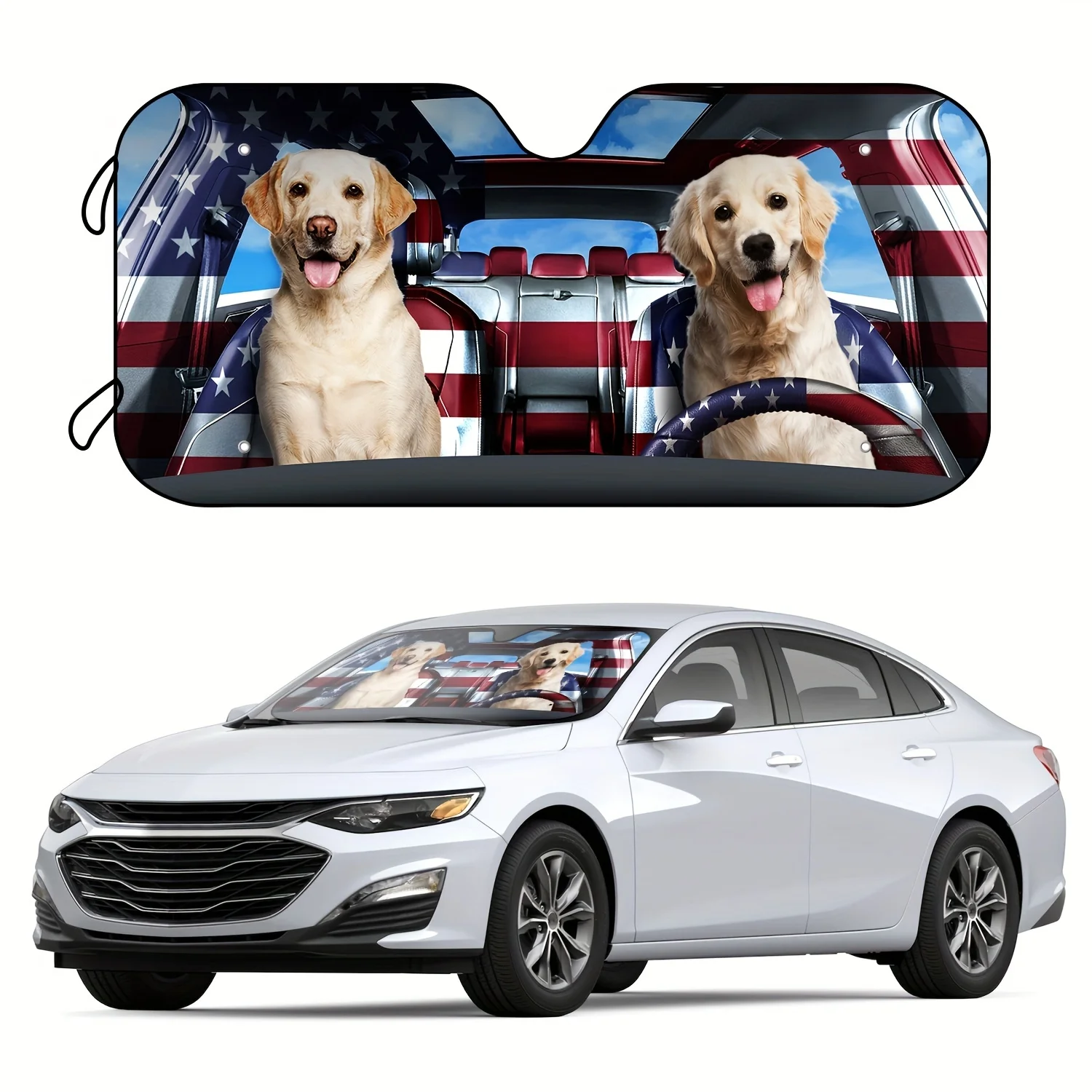 1pc Auto Sun Shade With 4 Free Suction Cups Car Front Window Windshield Labrador American Flag Protector Blocker Cover Universal