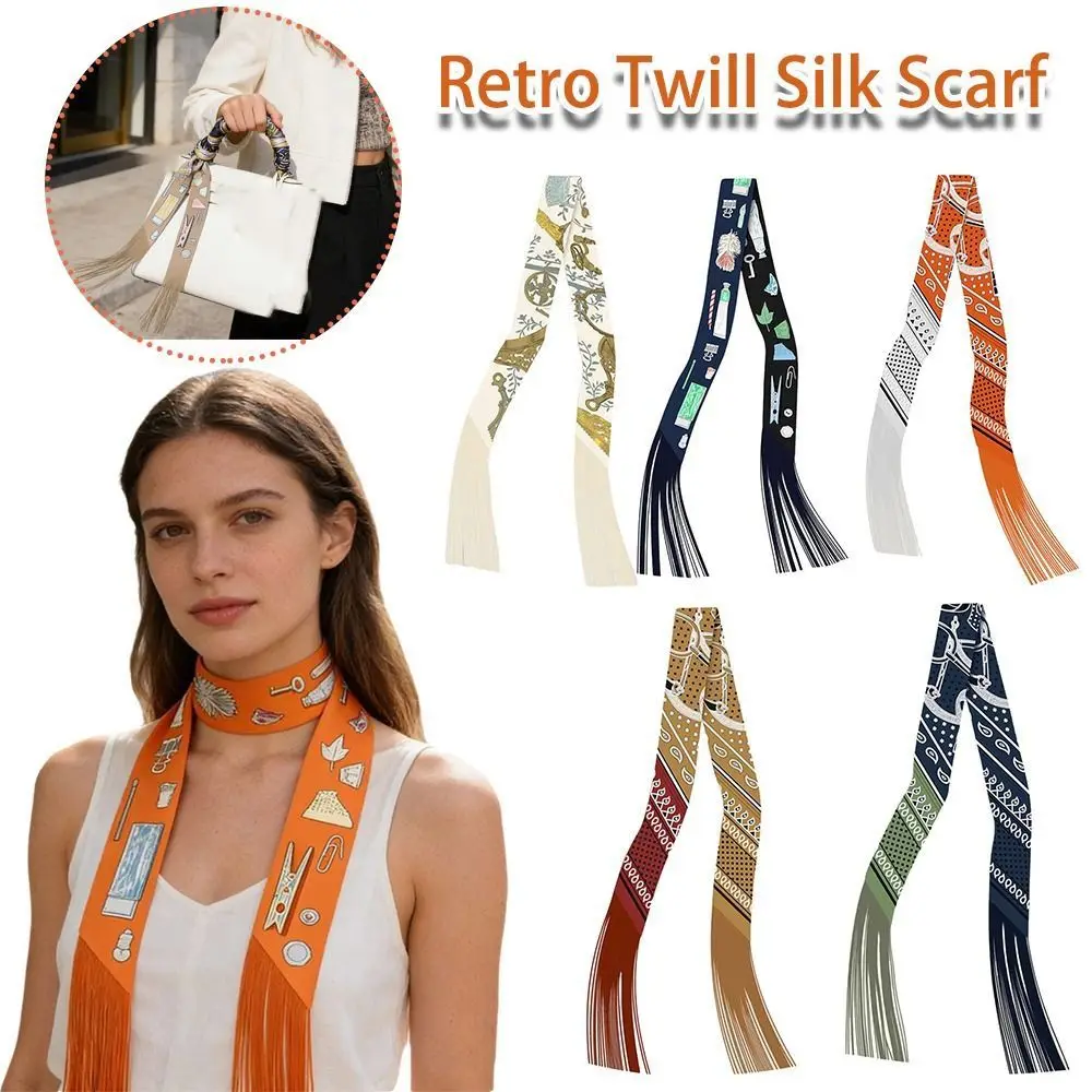 

Ретро женский декоративный шелковый платок 130x5 см, модный аксессуар, твиловый шелковый декоративный шнурок, многофункциональный длинный твиловый шелковый платок