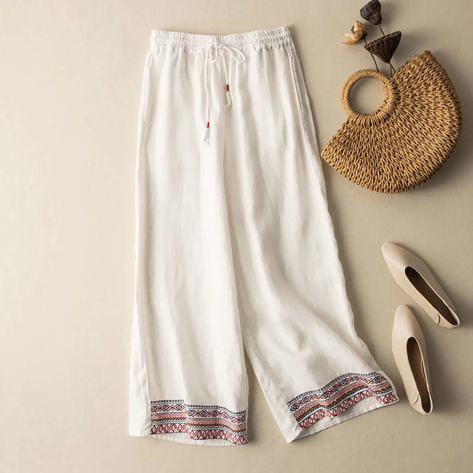 Women Bohemian Baggy Pants Ethnic Style Embroidery Cotton Linen Straight Trousers Elegant High Waist Drawstring Beach Style Pant