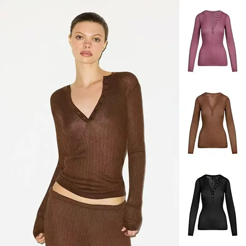 

Ультратонкий вязаный длинный топ с V-образным вырезом на пуговицах, женская кофта из полиэфирного волокна, коллекция для зимы