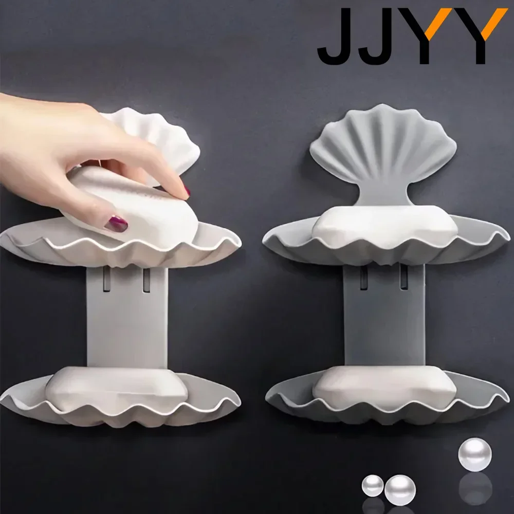 Double Shell Soap Dish - Sticker Soap Dish Holder Shell Shape Wall Mounted Bathroom Shower Bathroom Accessories Bathroom Tools