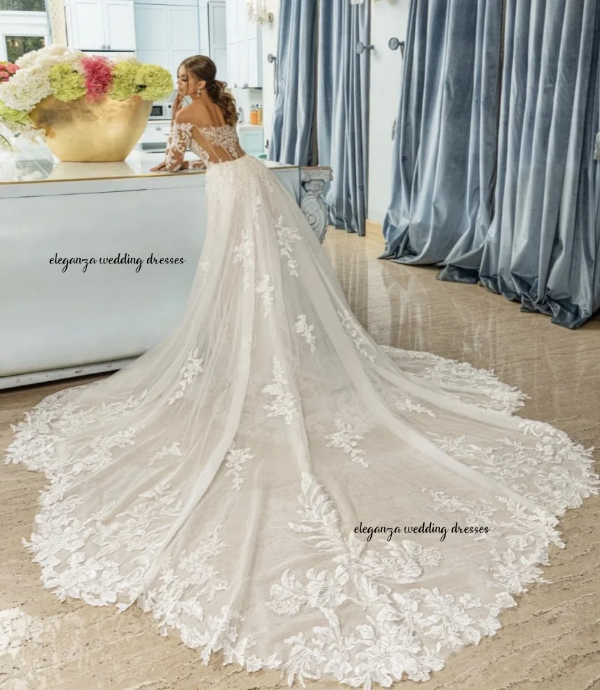 Customized Elegant wedding dress V-neck long-sleeved detachable tail-tail women's wedding dress Vestido de novia 2025