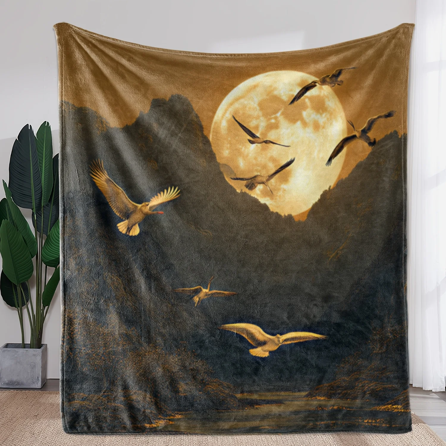 1pc Flannel Blanket, Landscape Art Print with Birds Soaring Under the Moonlight, Warm and Soft Throw for Sofa, Bed, Car, Office