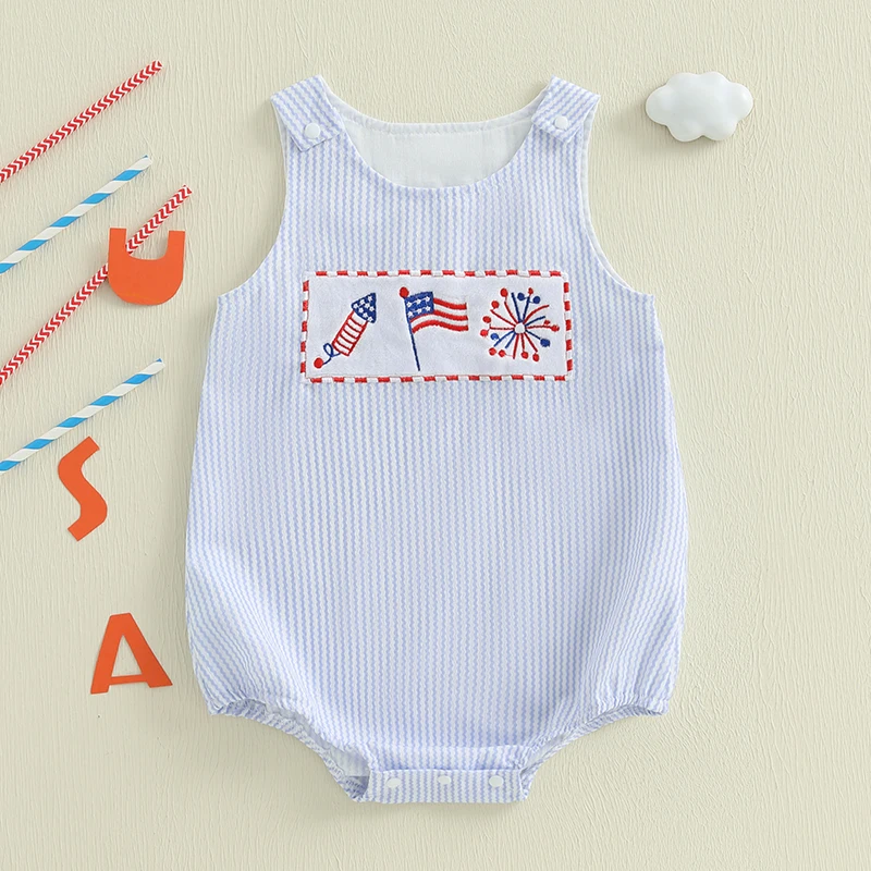 

Baby 4th of July Clothes Newborn Boy Girl Smocked Bubble Romper USA Flag Overall Infant First Fourth of July Outfit