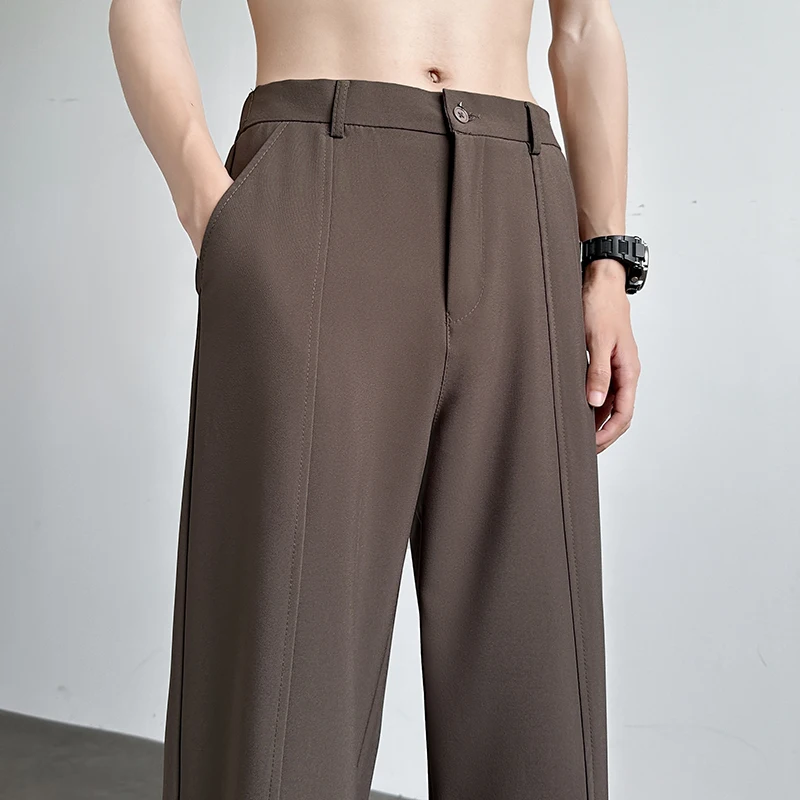 

Men's Summer Thin Loose Ice Silk Straight Leg Floor-Length Casual Pants Drapey Elastic Waisand Hong Kong Sle Faion Urba...