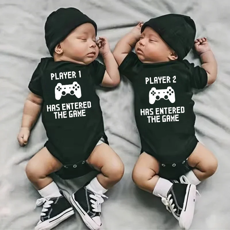 Player 1 2 3 4 Has Entered The Game Newborn Bodysuit Funny Twins Baby Romper Short Sleeve Infant Siblings Matching Clothes
