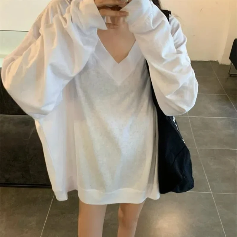 White V-neck Long Sleeve Loose Lazy Style Korean Tops Summer New Simplicity Casual T Shirts Fashion High Street Women Clothing