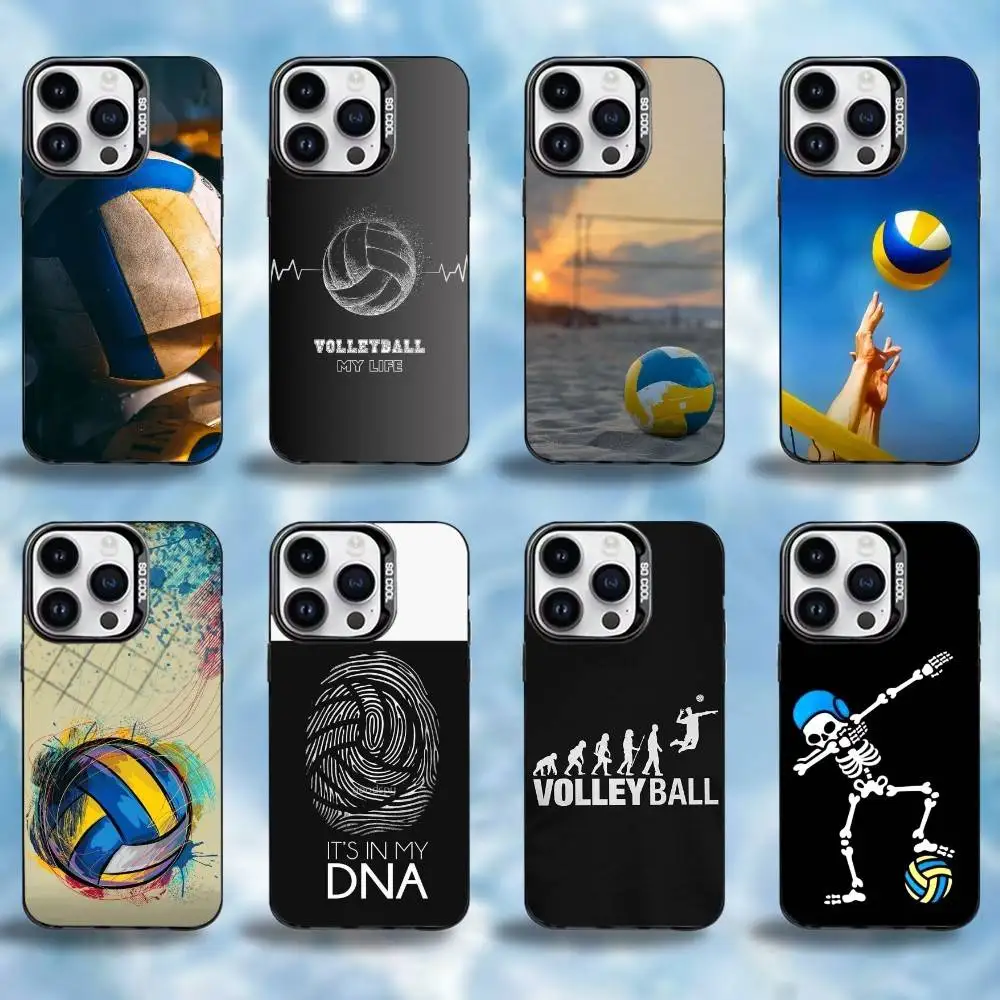 

Sport Beach Volleyball Phone Case For iPhone17,16,15,14,13,12,11 Plus,Pro Max Black Border Silver Plated Cover