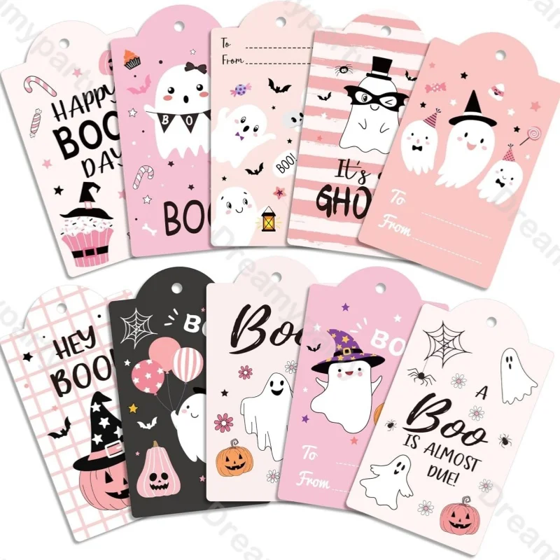 100 Stück mehrfarbige Halloween-Hängeetiketten aus Papier mit Seilschnur, Paket, Ornament, Dekoration, Cartoon-Kürbis, Hängekarte, Requisite ﻿ – Detail 7