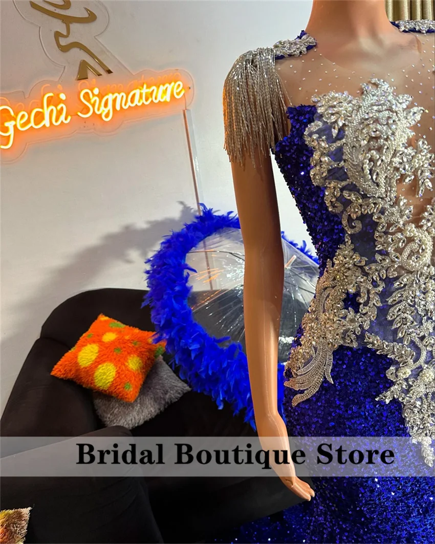 Royal Blue Diamonds Long Prom Dress For Black Girls With Two Gloves Beads Crystals Birthday Party Wedding Reception Customized image 3