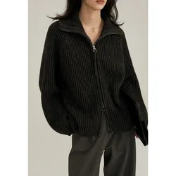 Stazione europea doppia cerniera 100% puro cashmere maglione cappotto donna mezzo aperto grande risvolto cardigan maglione lavorato a maglia nero