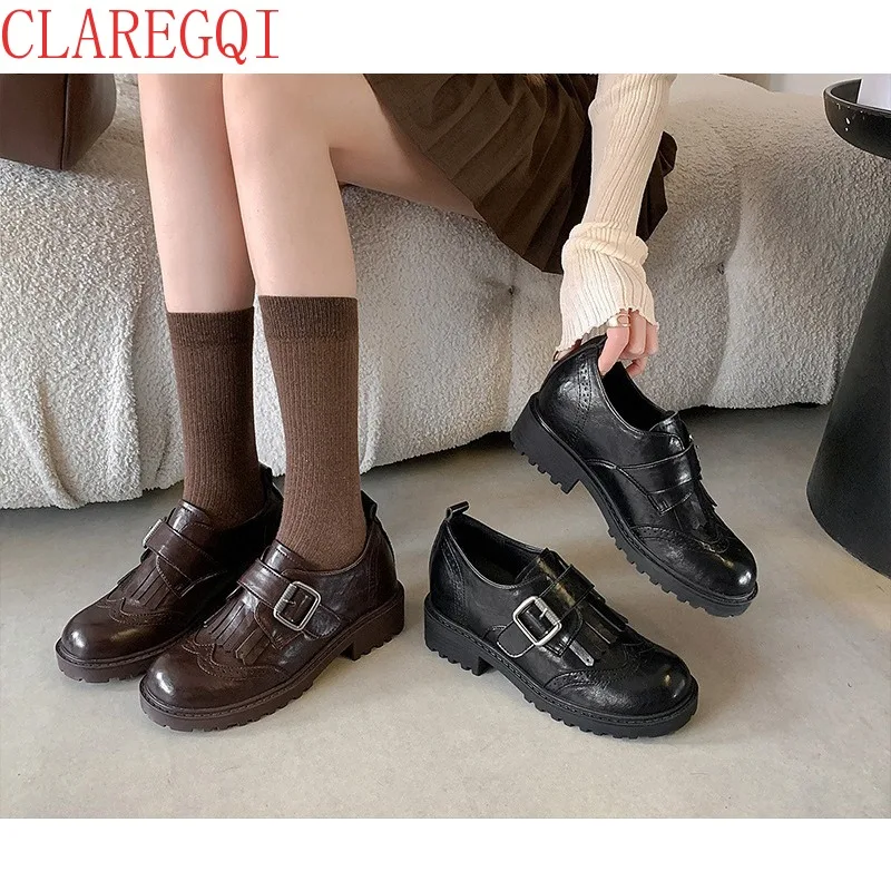 fall shoes for women 2026 Cowhide increases in height within 8cm women shoes casual Block carving brown dress shoesfor women