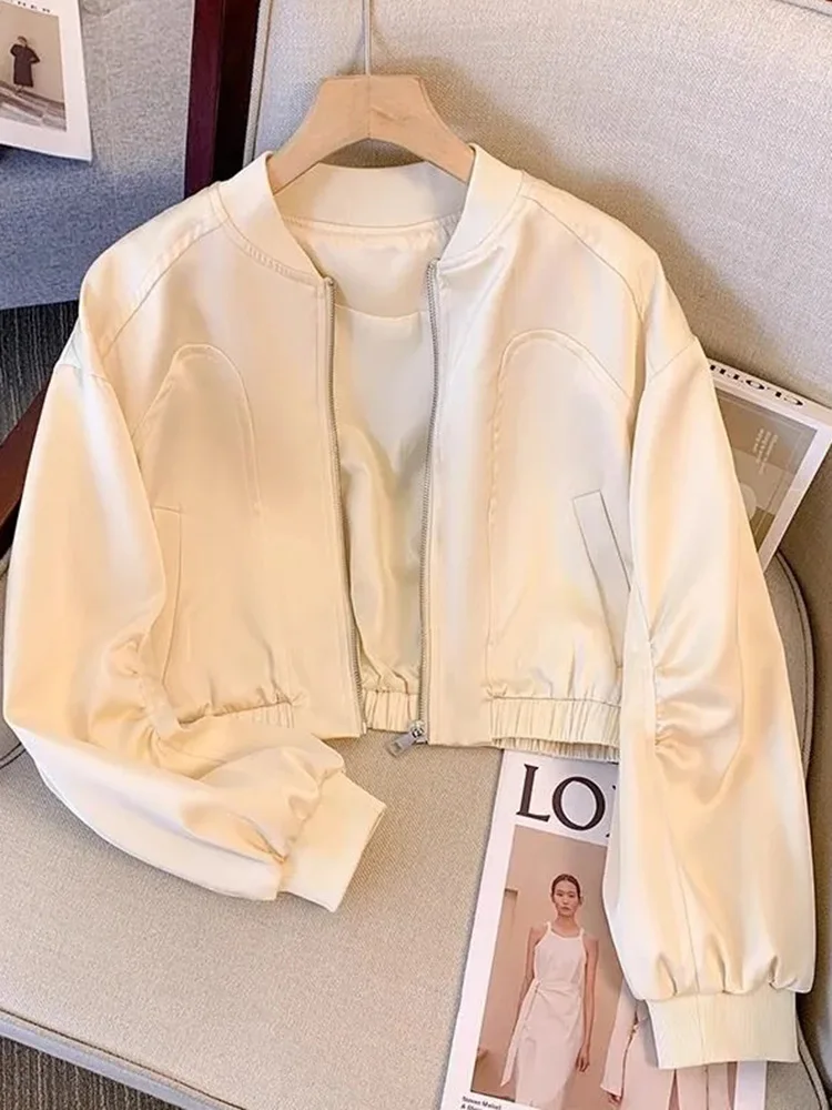 

Бейсбольные атласные куртки Y2k, женские тонкие уличные куртки с длинными рукавами, винтажные короткие пальто, винтажные корейские карманы с круглым вырезом, осенне-зимние топы