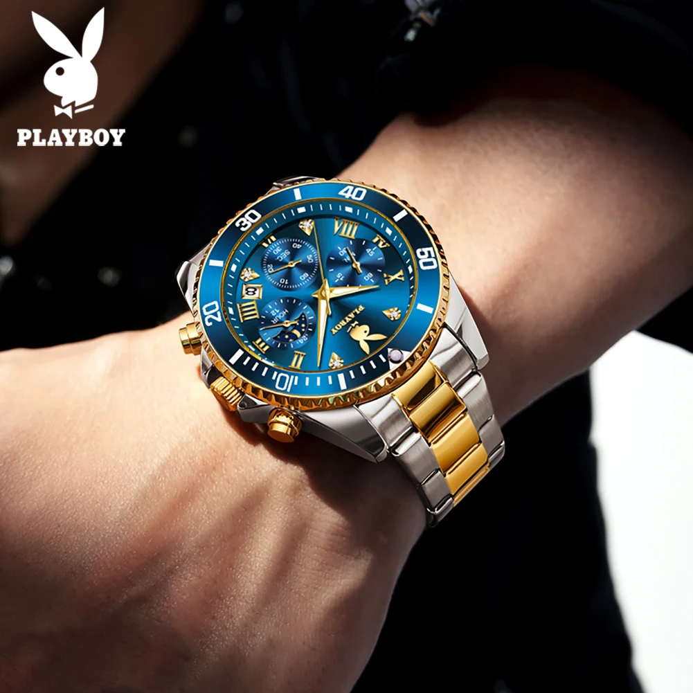 PLAYBOY Brand Elegant Fashion Business Watch for Men Original Stainless Steel Waterproof Chronograph Calendar Quartz Men Watch