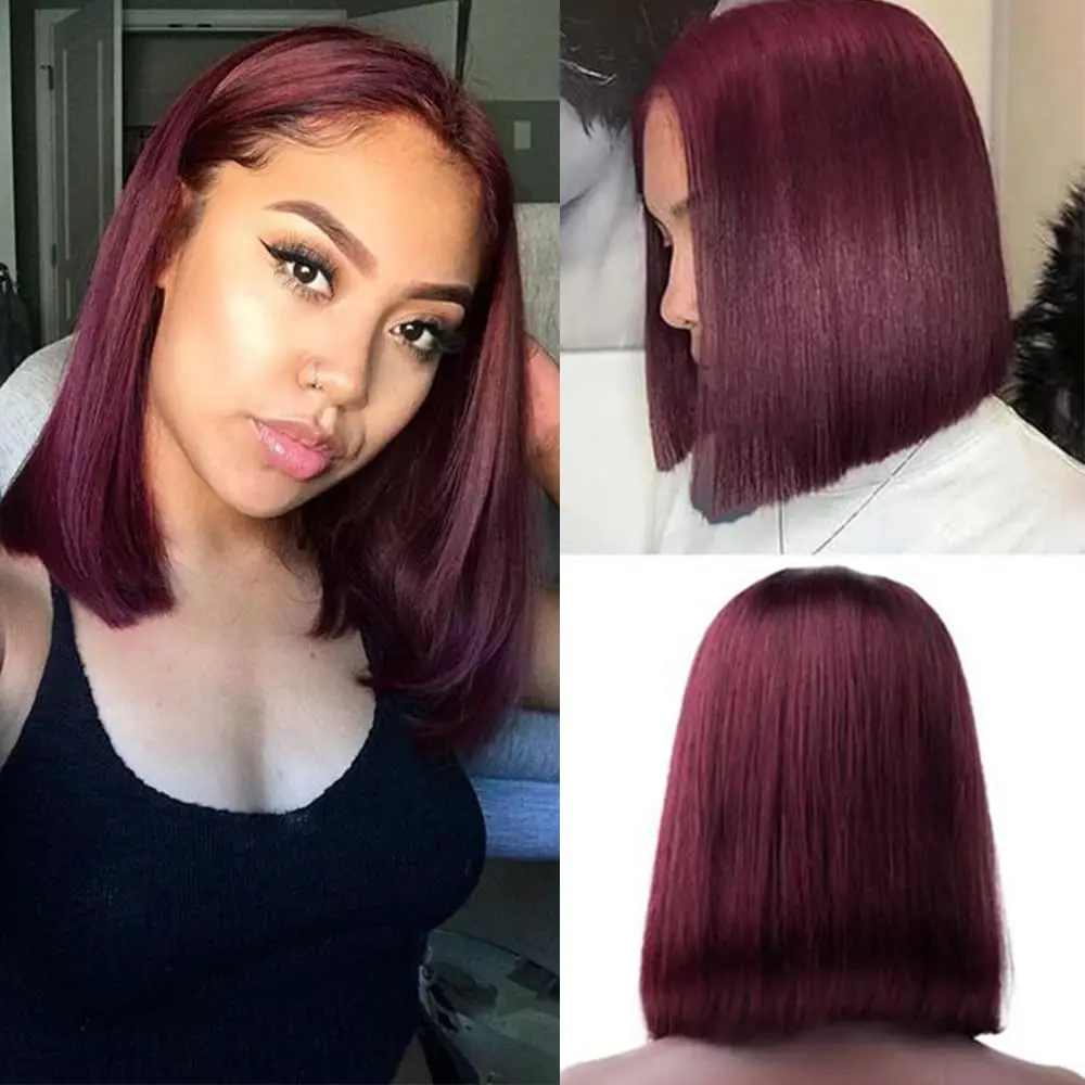 

99J Burgundy Short Bob Straight Human Hair Wigs Brazilian Human Hair Wigs 13x6 HD Transparent Lace Human Hair Wig Pre Plucked