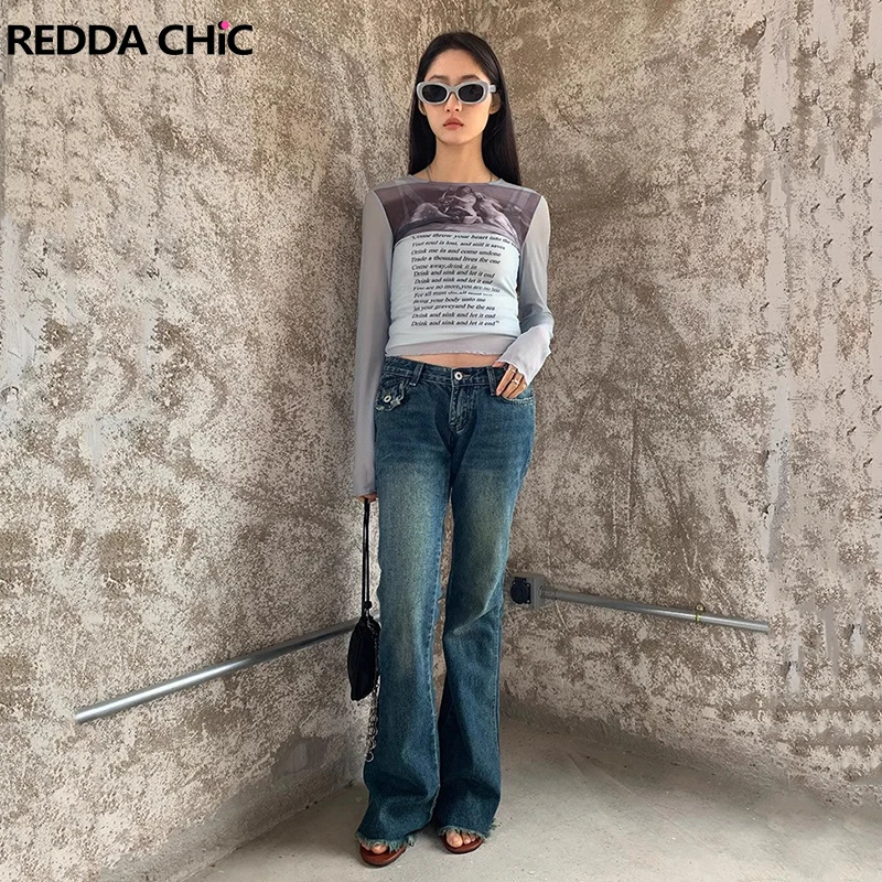 

REDDACHiC Asymmetric Frayed Pocket Flared Jeans Women Vintage Blue Wash Raw Edge Slim Fit Bootcut Pants Y2k Korean Bell Bottoms