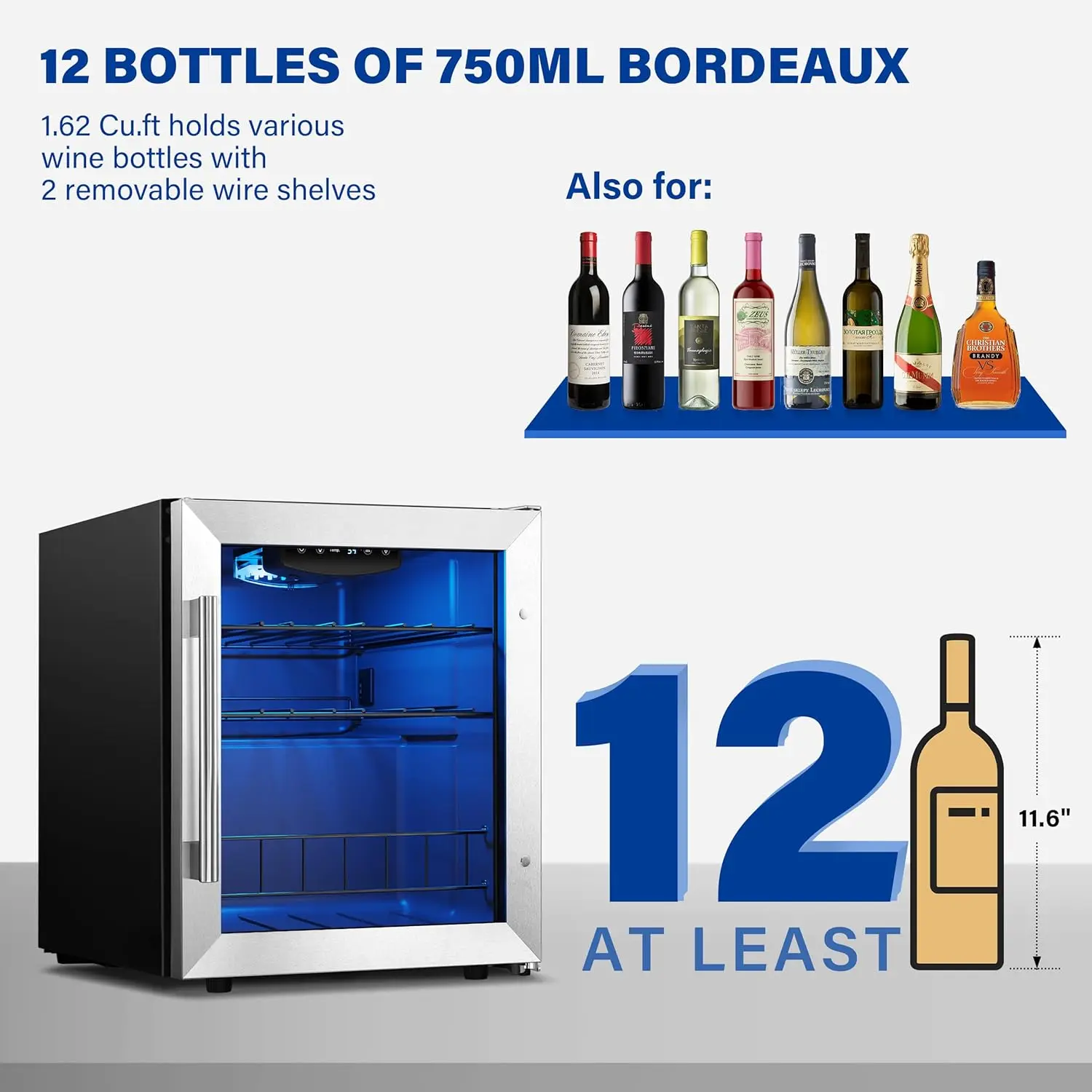 Bottle Small Wine Cooler 38-65℉ Free Standing Counter Top w/Digital Temp Control and Anti-U V Glass Door for Champagne/Red/White