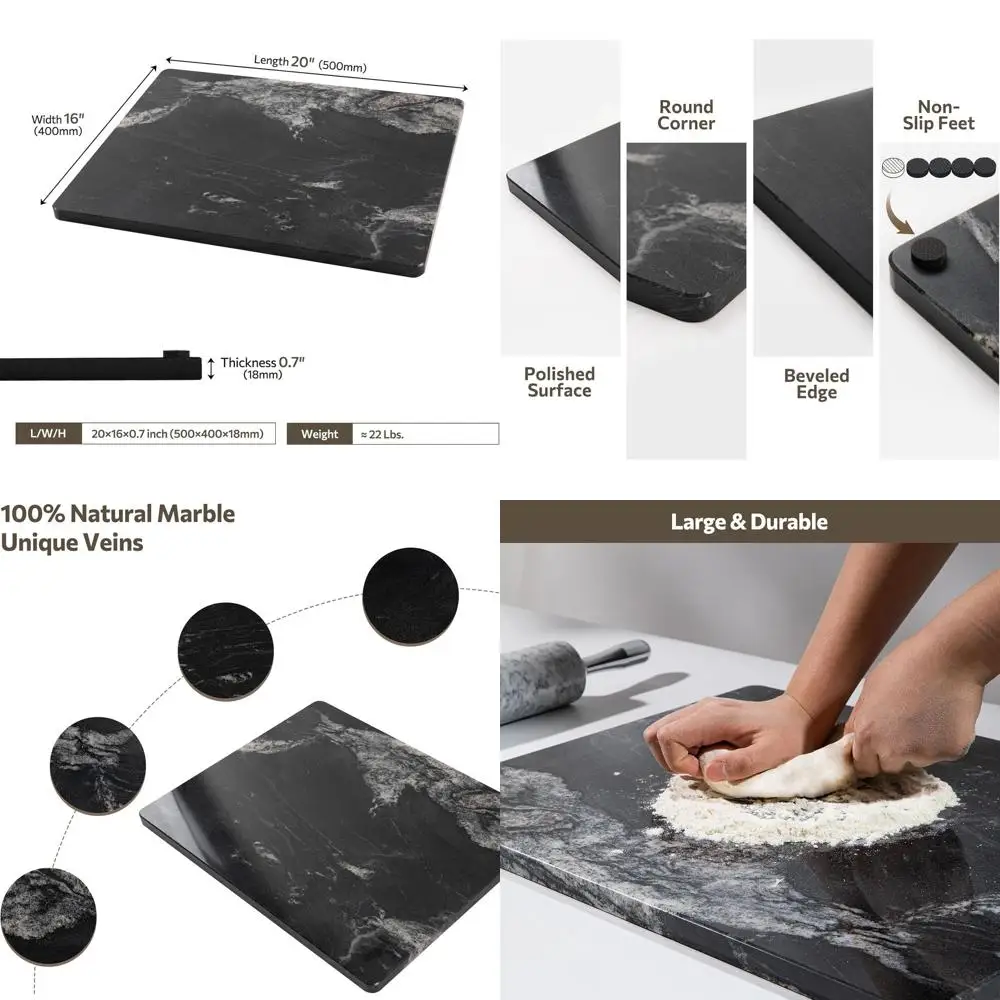 

16x20 Inch Natural Black Marble Kitchen Cutting Board with Anti-Slip Base for Baking, Cheese, Chocolate, featuring White Veins