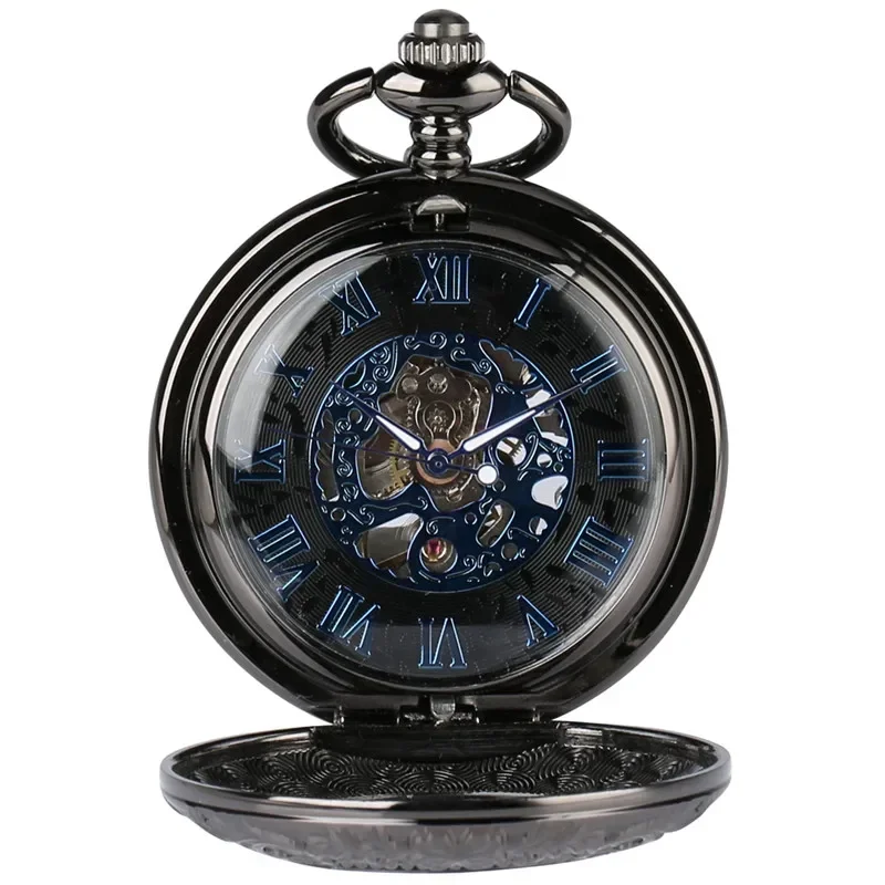 Antique Black Skeleton Unisex Mechanical Hand Wind Poket Watch Transparent Glass Steampunk Roman Number Clock Fob Pendant Chain