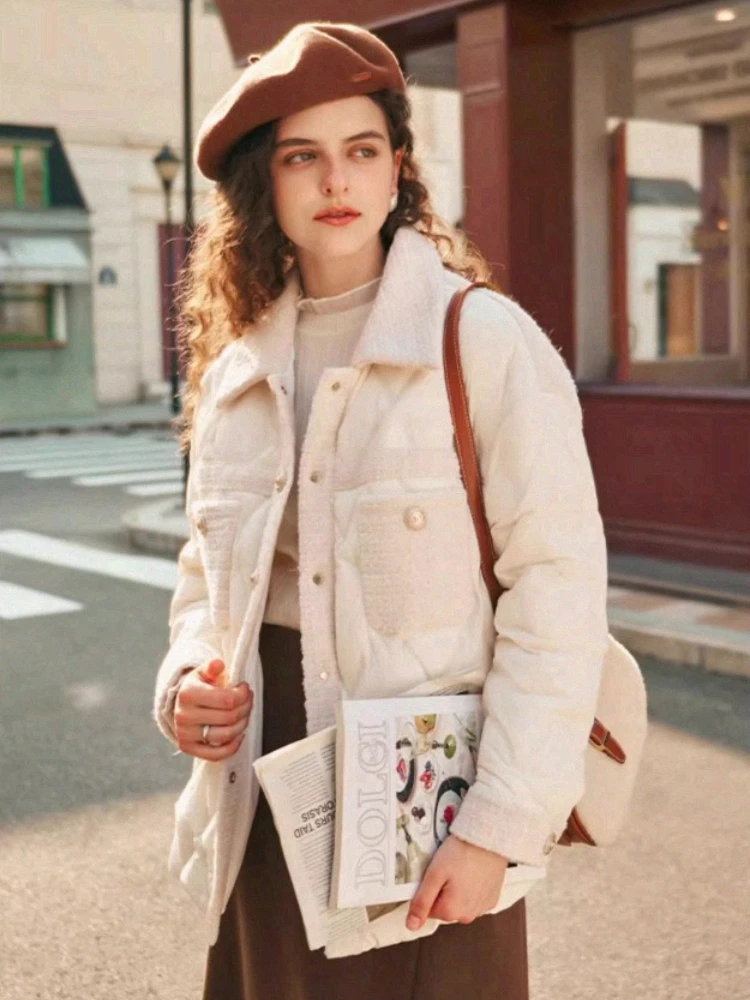 OLrain Tweed Piumino Donna Inverno 2025 Nuova Splicing Caldo Turn-down Top Elegante Manica Lunga Imbottiture Cappotti Donna G23DY86083