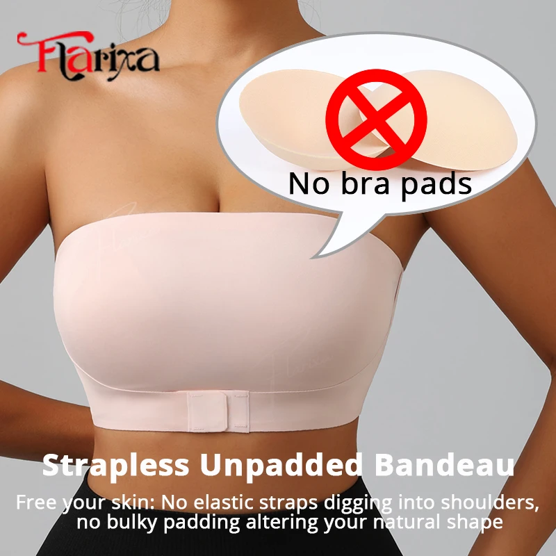Flarixa Women Front Closure Strapless Bra Chest Wrap Bandeau No Pads Anti Slip Tube Top Smooth Push Up Comfortable Underwear