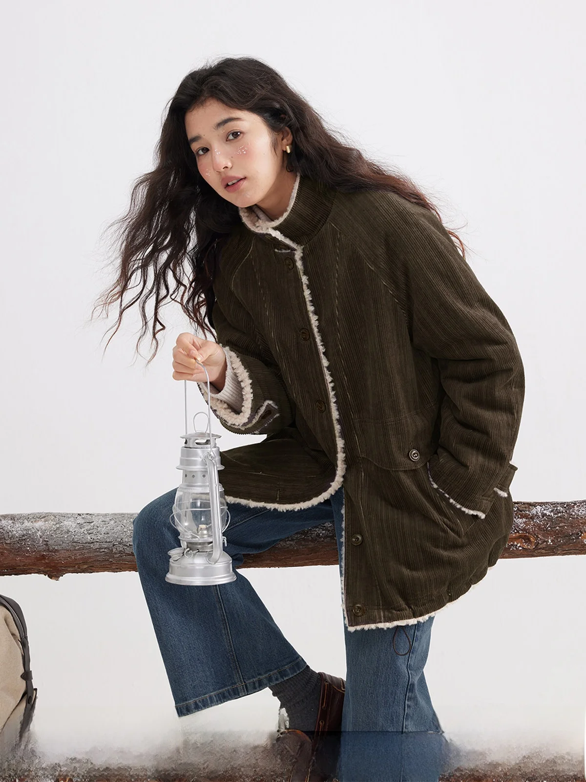 

Solighter Retro Lapel Fleece Lined Corduroy Jacket Women Winter New Loose Cotton Coat Thickened Long Sleeve Single Button