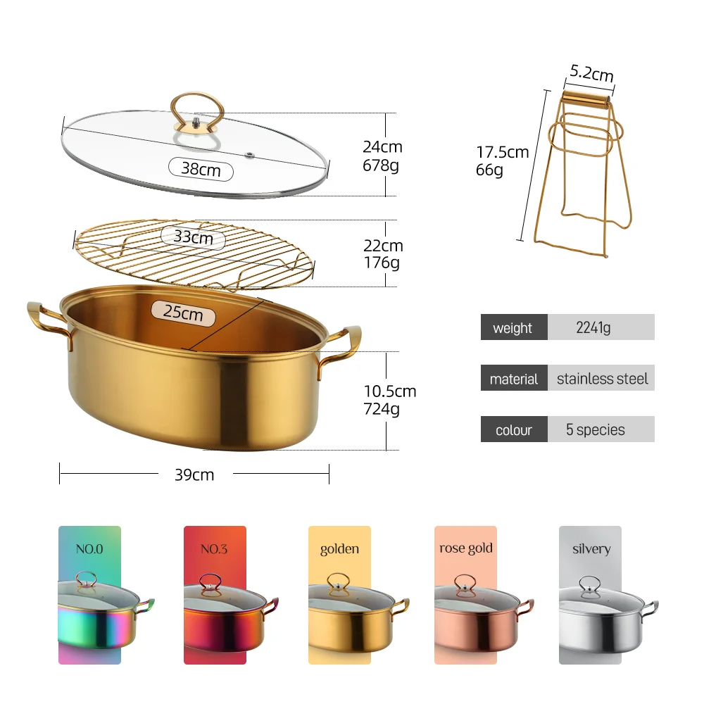 Gold Stainless Steel Fish Steamer Pot with Steam Rack double ear handle  Metal Soup Pot Multi-function Steaming Pot Cookware set