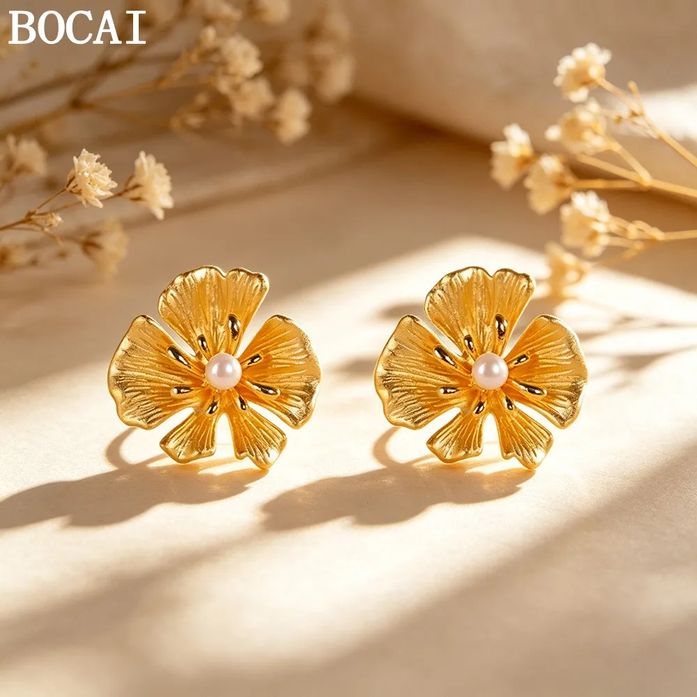 BOCAI New S925 Sterling Silver Jewelry Fashionable Temperament Gold-plated Pearl Flower Earrings Selected Gifts