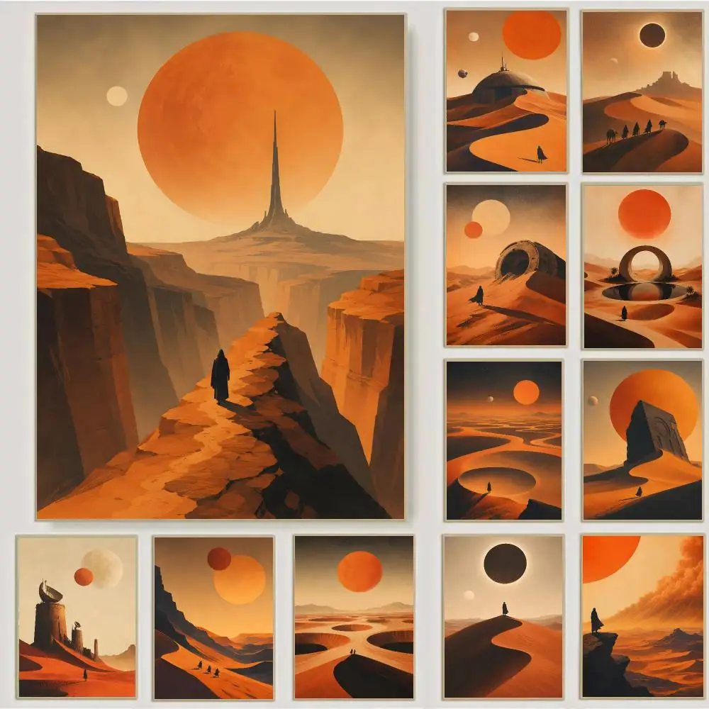 Sci-Fi Desert Dune Dual Sun Landscape Poster Waterproof Sticky Wall Art Print For Bedroom Living Room Hallway Bar Home Decor