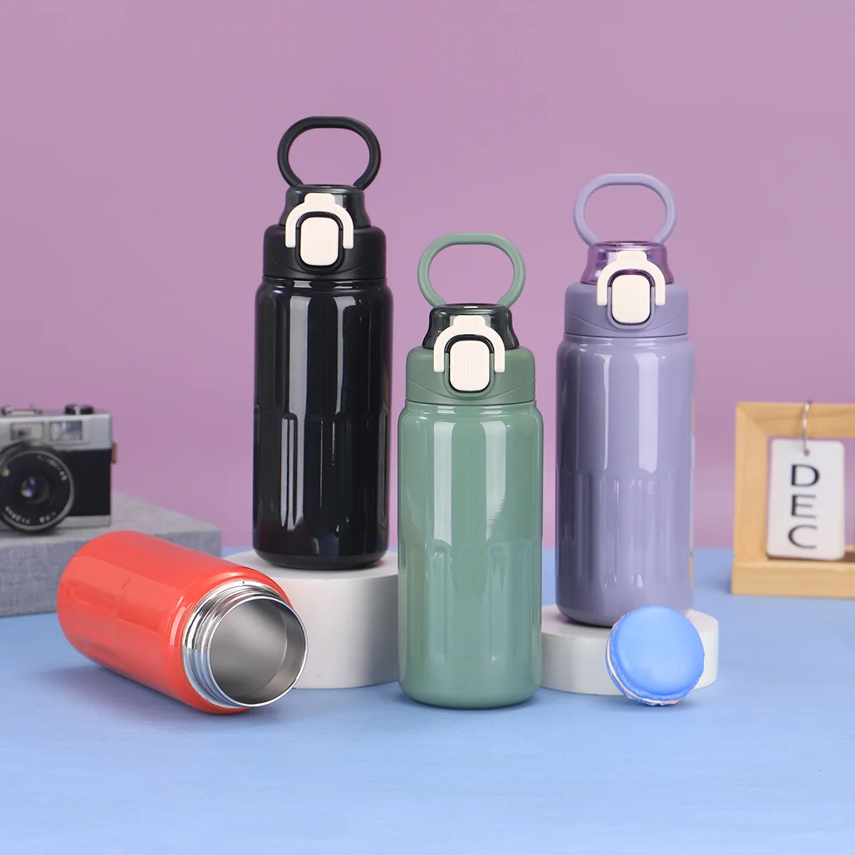 500ml Stainless Steel Thermos Cup With Bouncing Cap Straw And Handle,Outdoor Double-layer Vacuum Flasks,Simple Gift Water Bottle