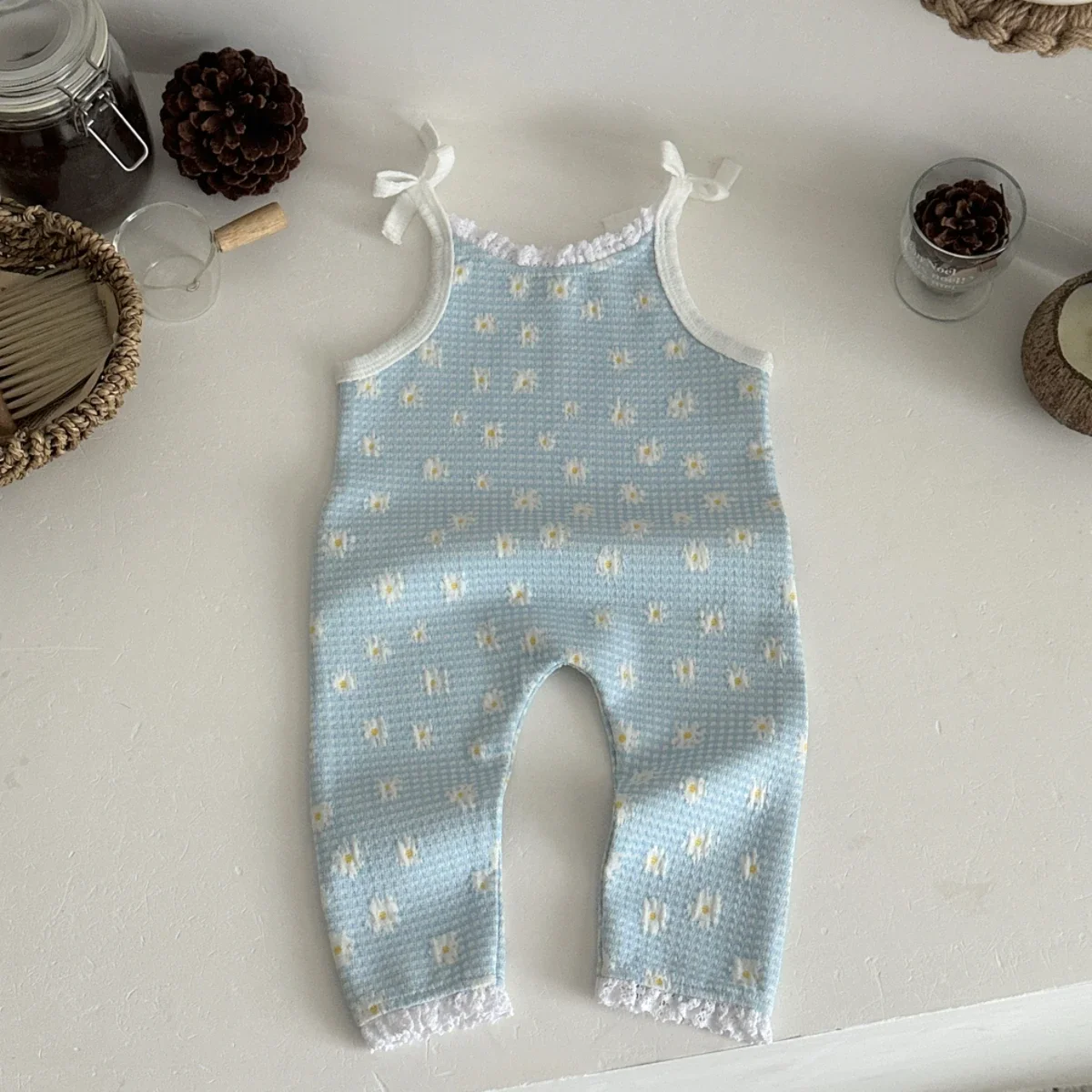 Newborn Summer Sling Jumpsuit, Waffle Knit Blue Plaid Daisy Romper, Bow Tie Shoulder Lace Trim Infant Daily Outfit