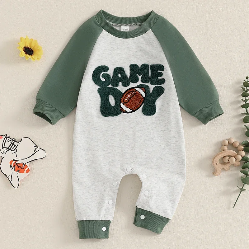 

Baby Girls Boys Rompers Letter Rugby Embroidery Long Sleeve Patchwork Jumpsuits Autumn Newborn Clothes